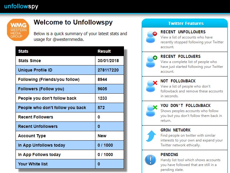 Unfollowspy welcome screen