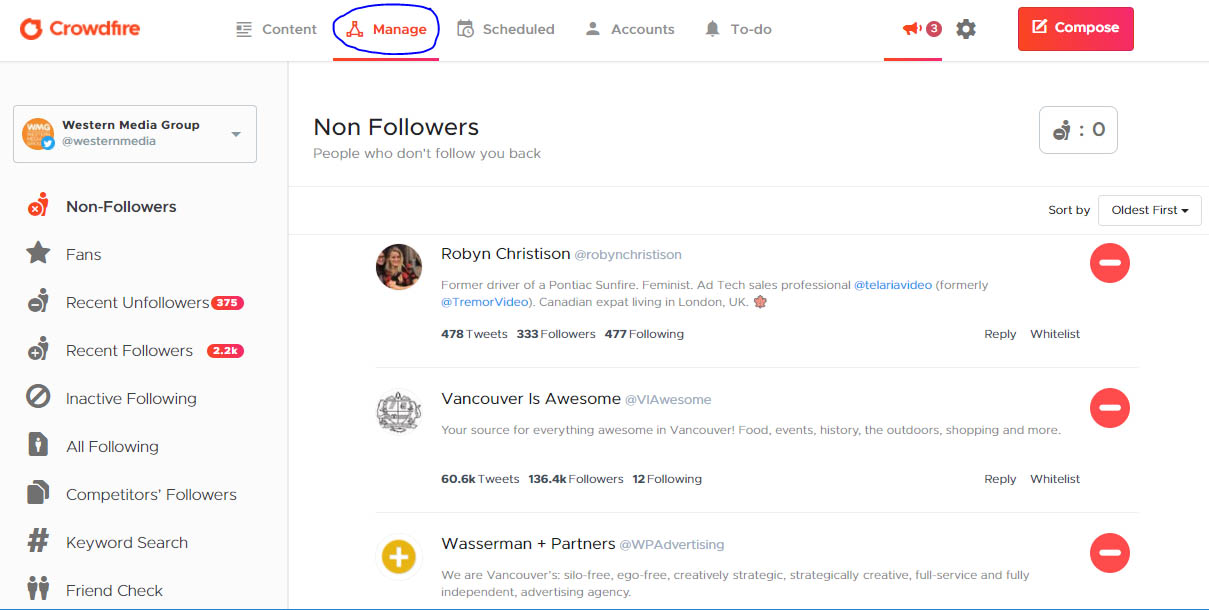 Crowdfire main screen where you can manage followers